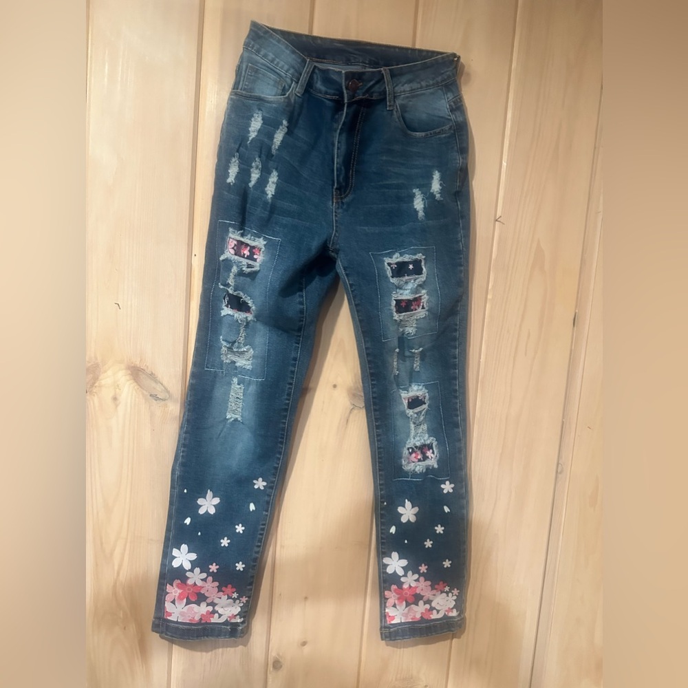 Evaless Ripped Floral Patchwork Jeans Boyfriend D… - image 1